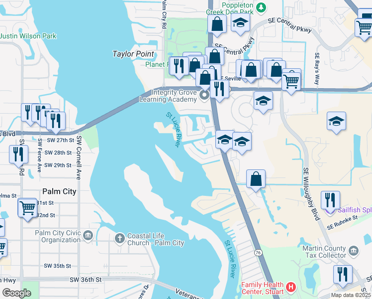 map of restaurants, bars, coffee shops, grocery stores, and more near 140 Southwest Hideaway Place in Stuart