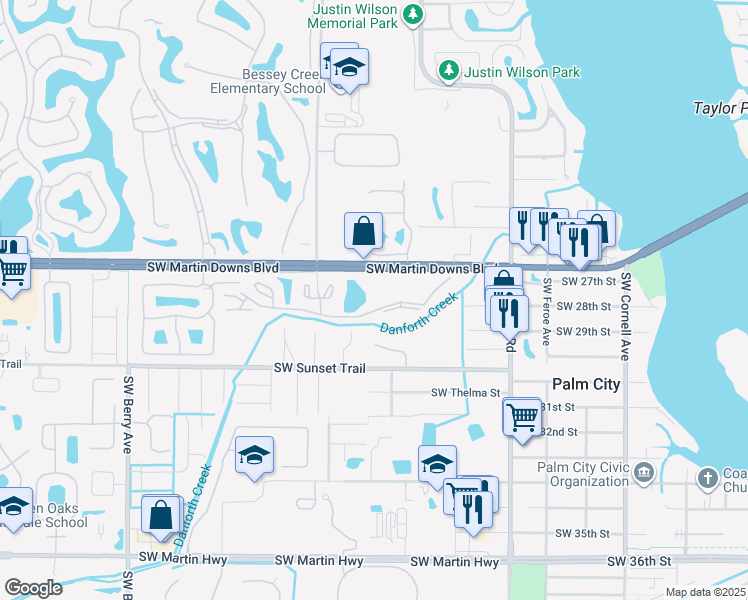 map of restaurants, bars, coffee shops, grocery stores, and more near 1635 Southwest Silver Pine Way in Palm City