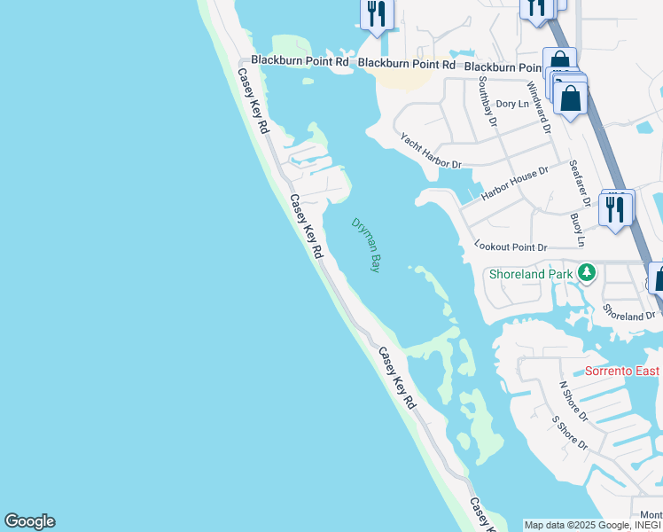 map of restaurants, bars, coffee shops, grocery stores, and more near 3300 Casey Key Road in Nokomis