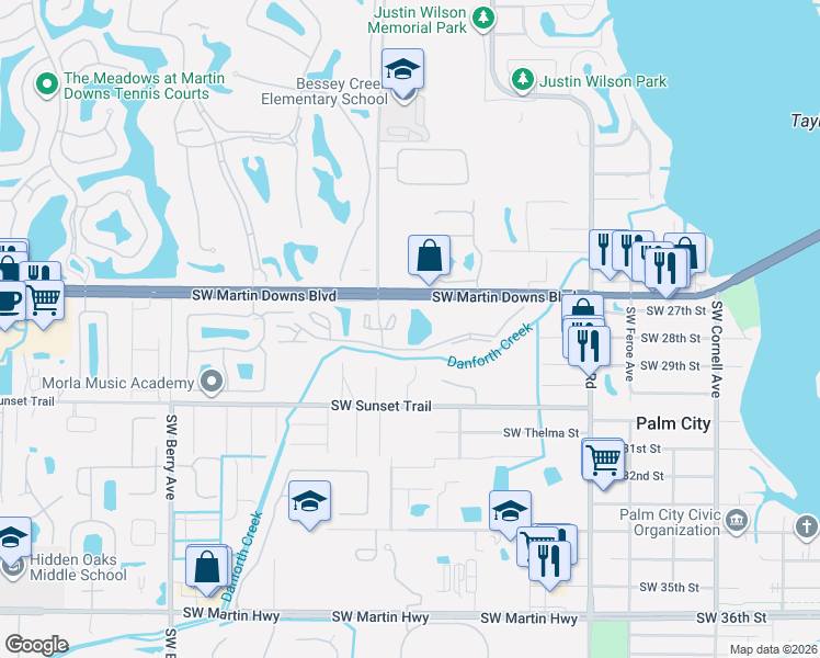 map of restaurants, bars, coffee shops, grocery stores, and more near 2732 Southwest Matheson Avenue in Palm City