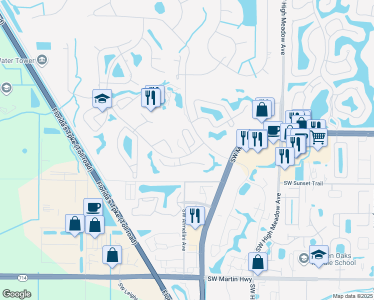 map of restaurants, bars, coffee shops, grocery stores, and more near 2792 Southwest Willowood Circle in Palm City