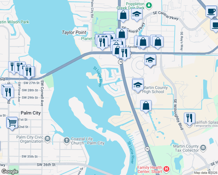map of restaurants, bars, coffee shops, grocery stores, and more near 119 Southwest Hideaway Place in Stuart