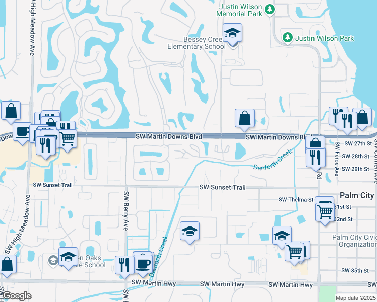 map of restaurants, bars, coffee shops, grocery stores, and more near 1965 Southwest Silver Pine Way in Palm City