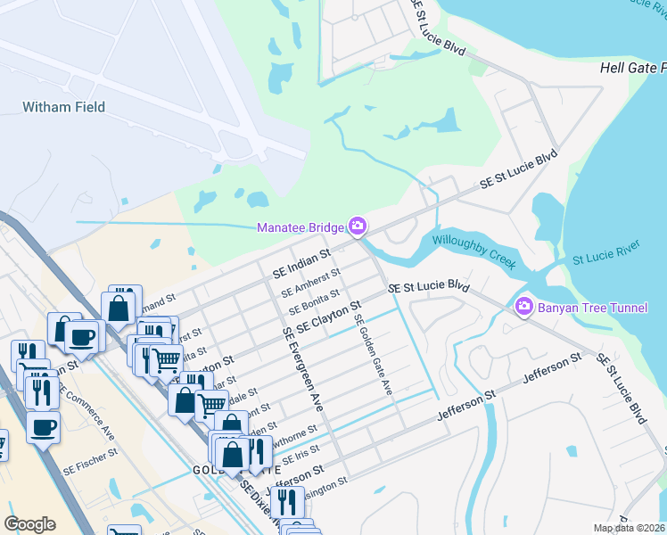 map of restaurants, bars, coffee shops, grocery stores, and more near 3130 Southeast Amherst Street in Stuart