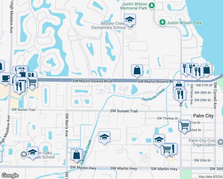 map of restaurants, bars, coffee shops, grocery stores, and more near 1965 Southwest Silver Pine Way in Palm City