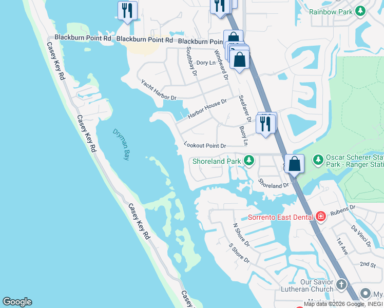 map of restaurants, bars, coffee shops, grocery stores, and more near 376 South Creek Drive in Osprey