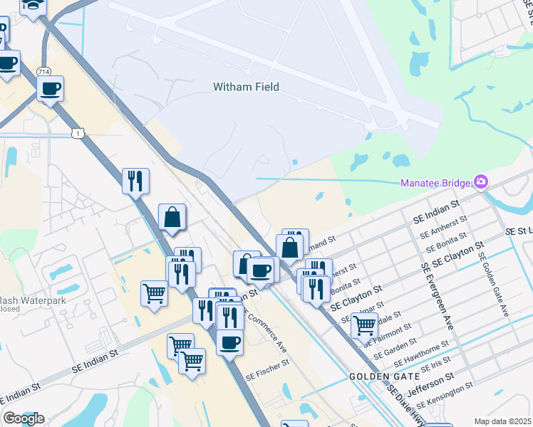 map of restaurants, bars, coffee shops, grocery stores, and more near 2845 Southeast Dixie Highway in Stuart