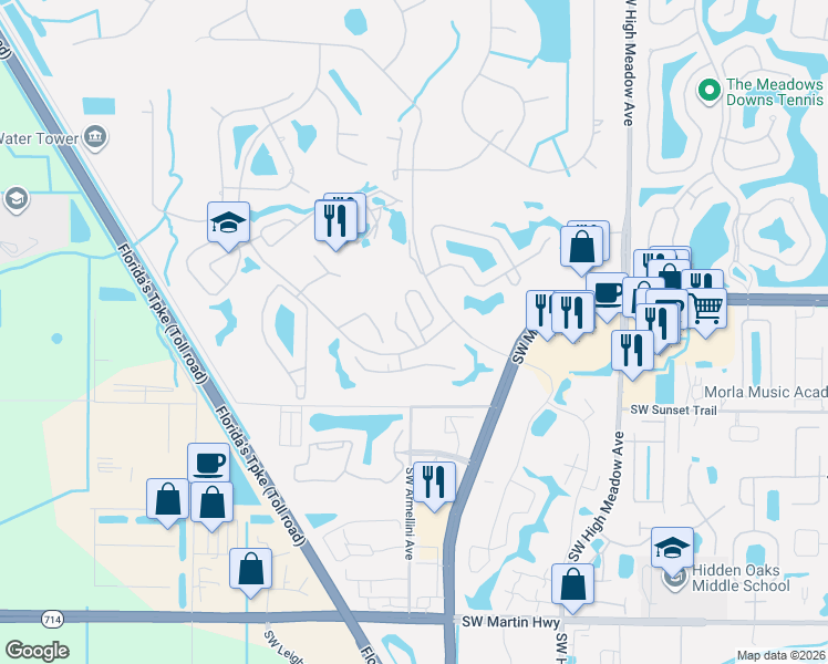 map of restaurants, bars, coffee shops, grocery stores, and more near 2792 Southwest Willowood Circle in Palm City