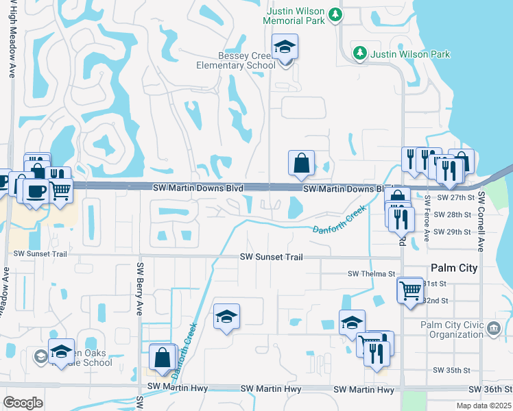 map of restaurants, bars, coffee shops, grocery stores, and more near 2733 Southwest Matheson Avenue in Palm City
