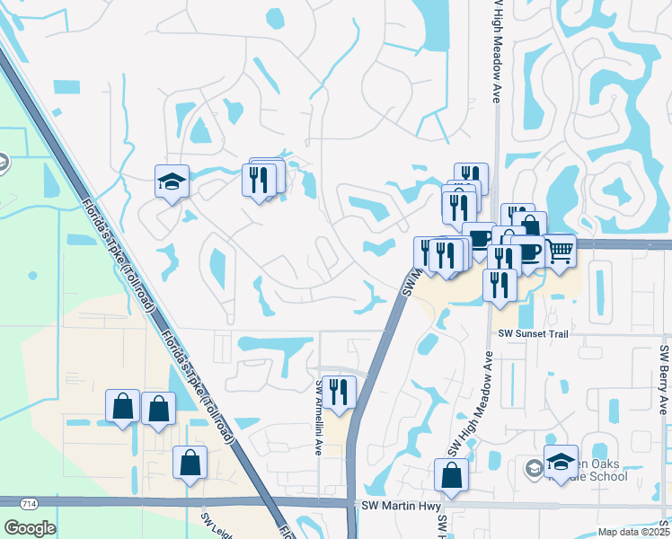map of restaurants, bars, coffee shops, grocery stores, and more near 2584 Southwest Willowood Circle in Palm City