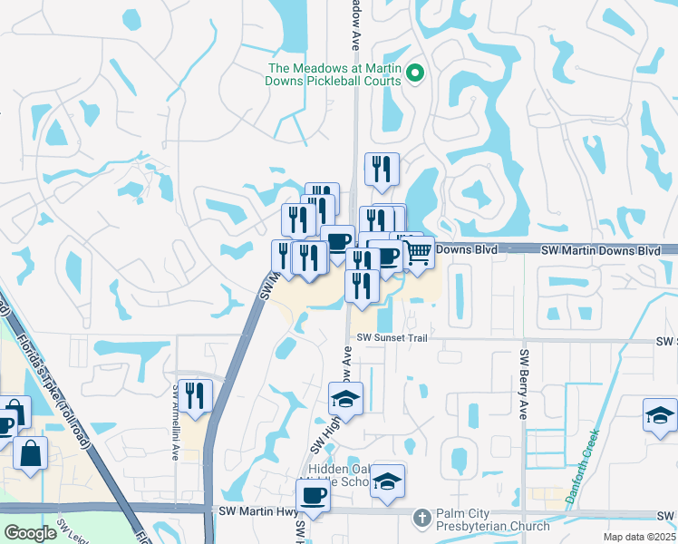 map of restaurants, bars, coffee shops, grocery stores, and more near 3036 Southwest Martin Downs Boulevard in Palm City