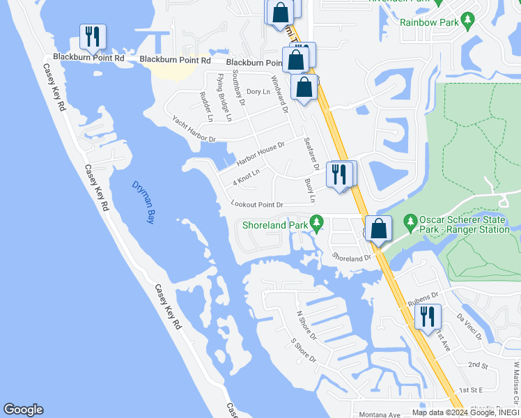 map of restaurants, bars, coffee shops, grocery stores, and more near 221 Lookout Point Drive in Osprey
