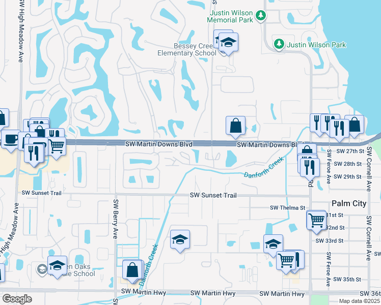 map of restaurants, bars, coffee shops, grocery stores, and more near 1965 Southwest Silver Pine Way in Palm City