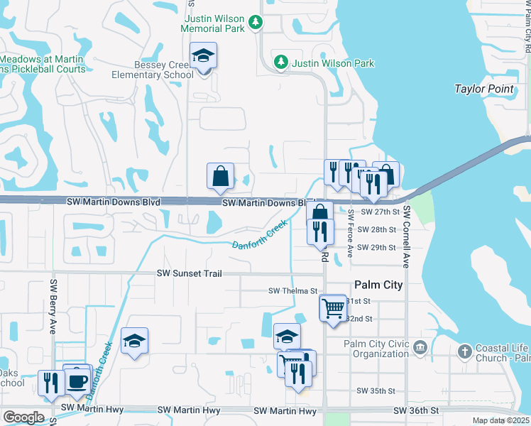 map of restaurants, bars, coffee shops, grocery stores, and more near 1455 Southwest Silver Pine Way in Palm City