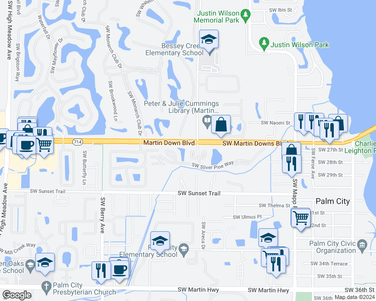 map of restaurants, bars, coffee shops, grocery stores, and more near 2733 Southwest Matheson Avenue in Palm City