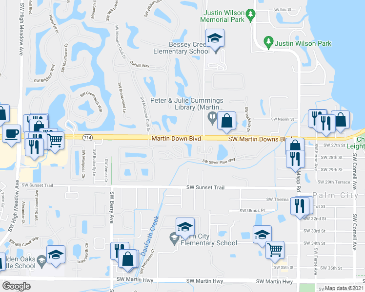 map of restaurants, bars, coffee shops, grocery stores, and more near 1965 Southwest Silver Pine Way in Palm City