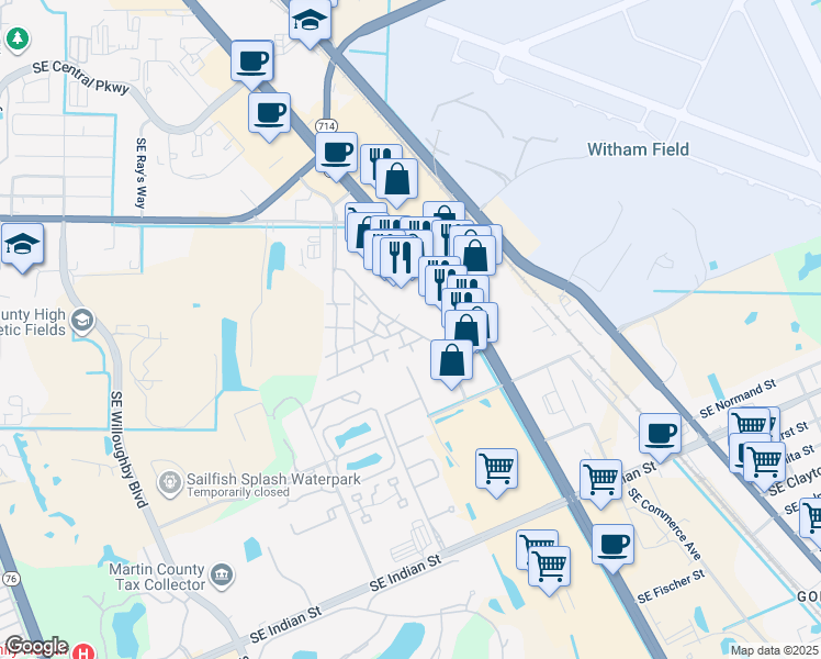 map of restaurants, bars, coffee shops, grocery stores, and more near 1213 Southeast Glenwood Drive in Stuart