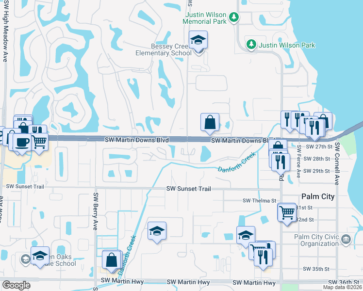 map of restaurants, bars, coffee shops, grocery stores, and more near 1635 Southwest Silver Pine Way in Palm City