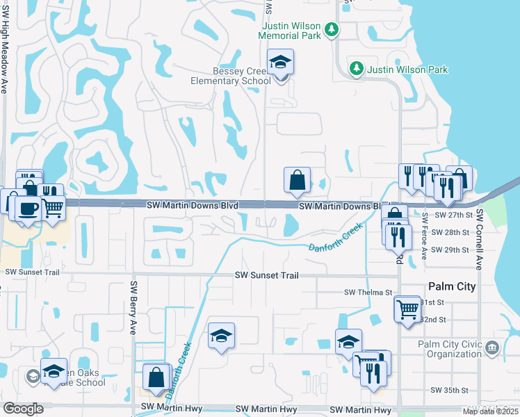 map of restaurants, bars, coffee shops, grocery stores, and more near 1635 Southwest Silver Pine Way in Palm City