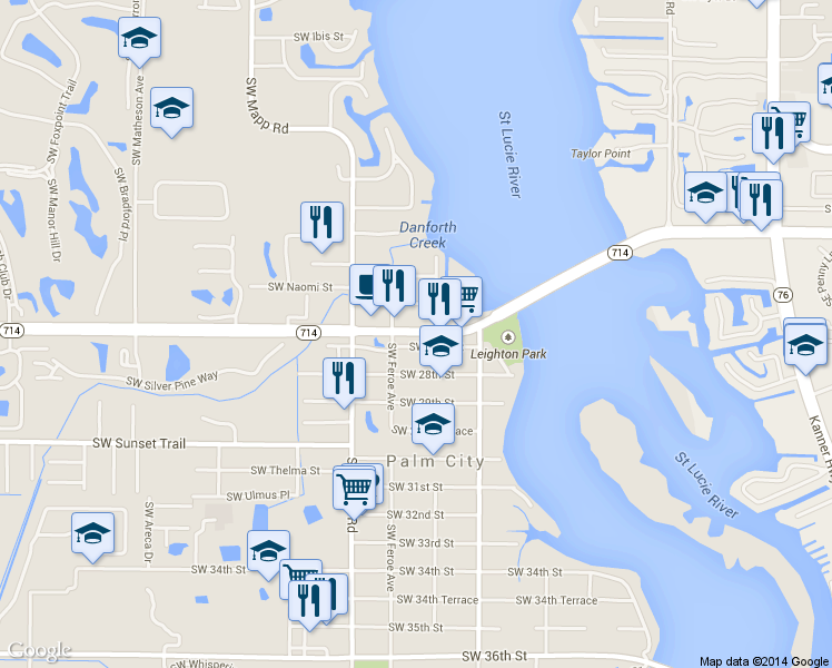 map of restaurants, bars, coffee shops, grocery stores, and more near 990 Southwest Martin Downs Boulevard in Palm City