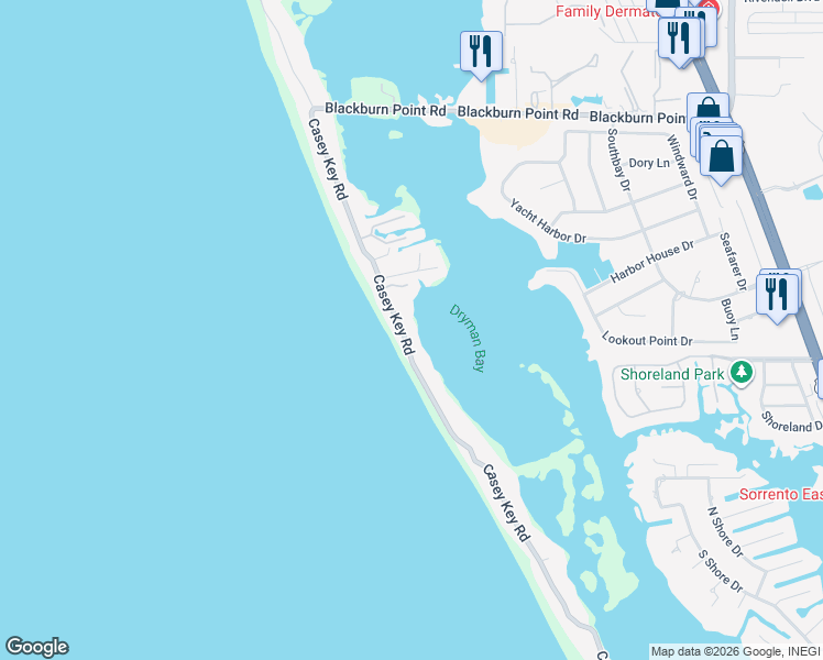 map of restaurants, bars, coffee shops, grocery stores, and more near 3509 Casey Key Road in Nokomis