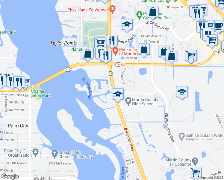 map of restaurants, bars, coffee shops, grocery stores, and more near 2600 South Kanner Highway in Stuart
