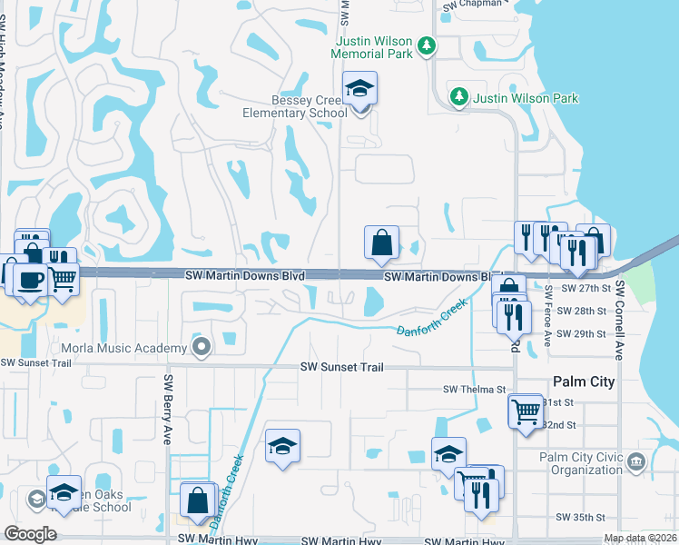map of restaurants, bars, coffee shops, grocery stores, and more near SW Martin Downs Blvd & SW Matheson Ave in Palm City