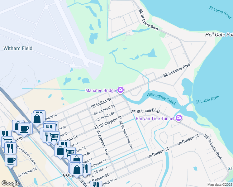 map of restaurants, bars, coffee shops, grocery stores, and more near 3143 Southeast Indian Street in Stuart