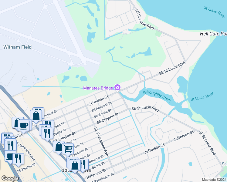 map of restaurants, bars, coffee shops, grocery stores, and more near 3139 Southeast Indian Street in Stuart