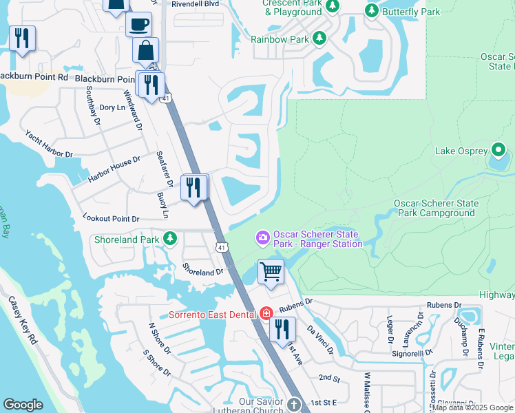 map of restaurants, bars, coffee shops, grocery stores, and more near 602 Crane Prairie Way in Osprey