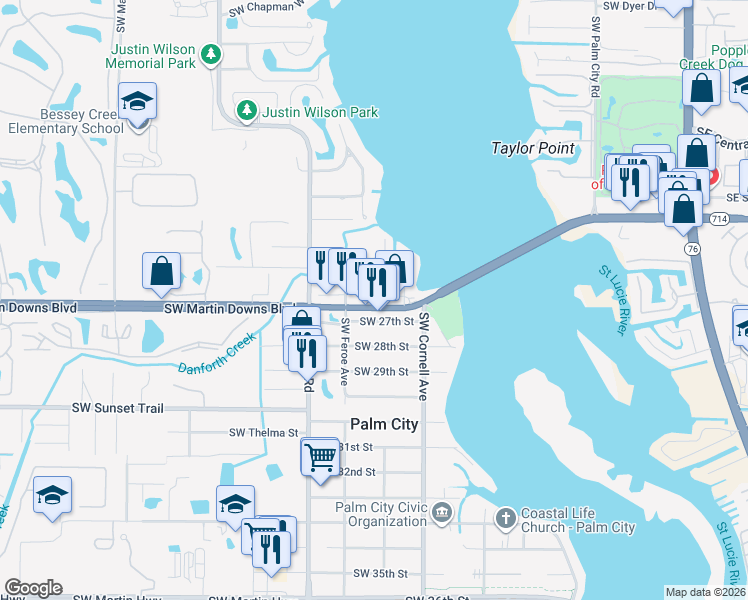 map of restaurants, bars, coffee shops, grocery stores, and more near 995 Southwest Martin Downs Boulevard in Palm City