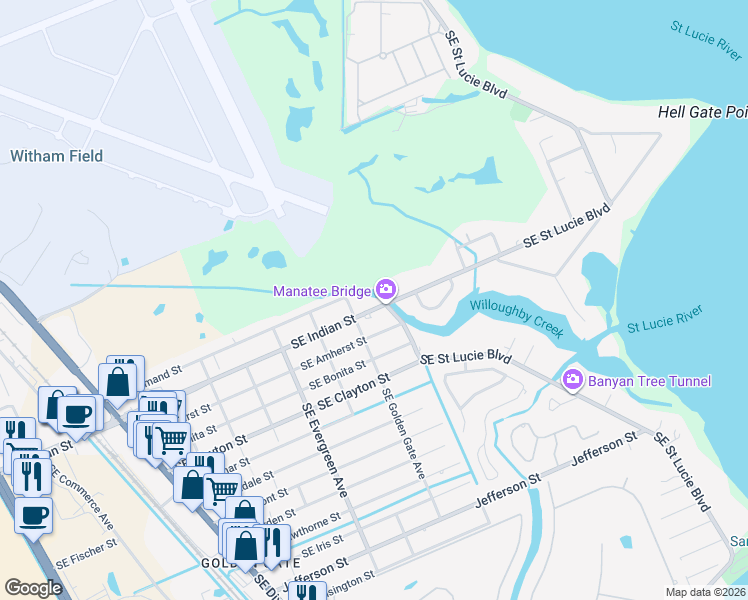 map of restaurants, bars, coffee shops, grocery stores, and more near 3143 Southeast Indian Street in Stuart