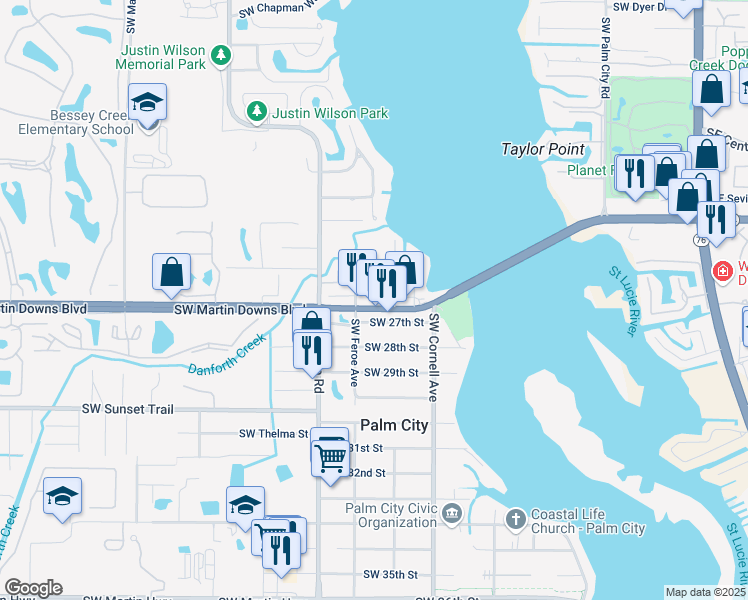 map of restaurants, bars, coffee shops, grocery stores, and more near 995 Southwest Martin Downs Boulevard in Palm City