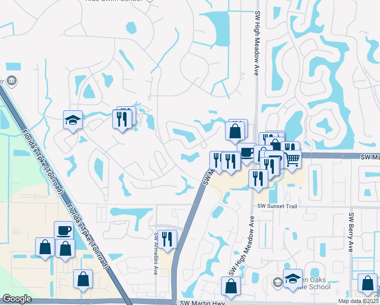 map of restaurants, bars, coffee shops, grocery stores, and more near 3402 Southwest Bobalink Way in Palm City