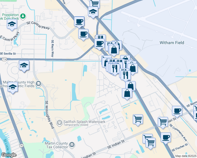 map of restaurants, bars, coffee shops, grocery stores, and more near Southeast Edler Drive in Stuart