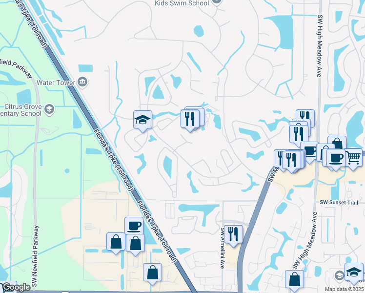 map of restaurants, bars, coffee shops, grocery stores, and more near 3032 Southwest Westlake Circle in Palm City