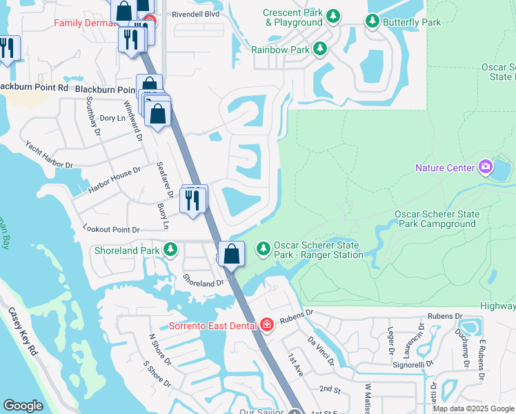 map of restaurants, bars, coffee shops, grocery stores, and more near 602 Crane Prairie Way in Osprey