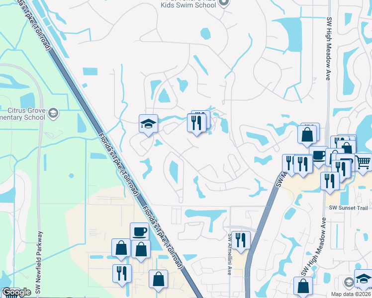 map of restaurants, bars, coffee shops, grocery stores, and more near 3032 Southwest Westlake Circle in Palm City