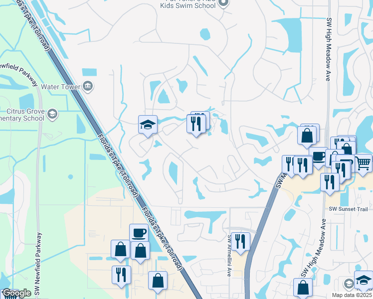 map of restaurants, bars, coffee shops, grocery stores, and more near 3032 Southwest Westlake Circle in Palm City