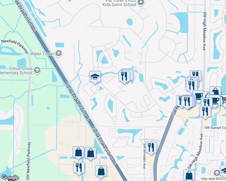 map of restaurants, bars, coffee shops, grocery stores, and more near 3931 Southwest Greenwood Way in Palm City