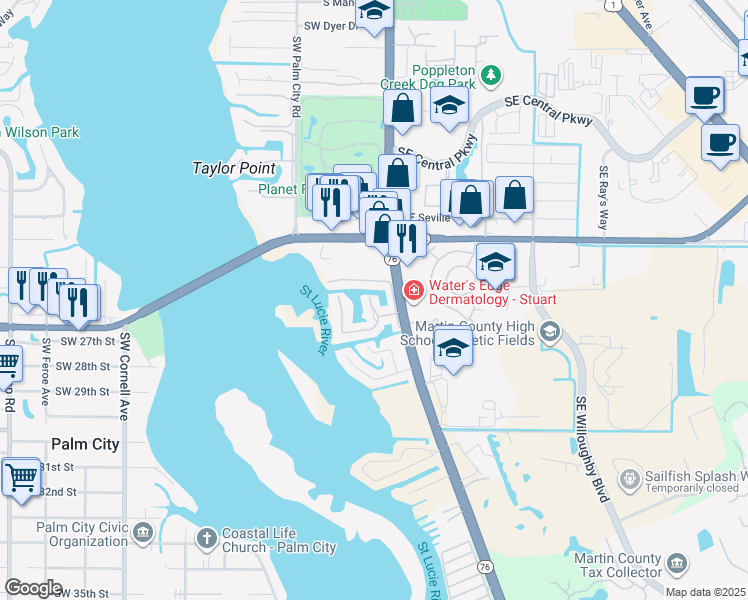 map of restaurants, bars, coffee shops, grocery stores, and more near 2600 South Kanner Highway in Stuart