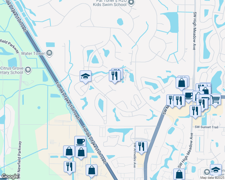 map of restaurants, bars, coffee shops, grocery stores, and more near 3999 Southwest Greenwood Way in Palm City