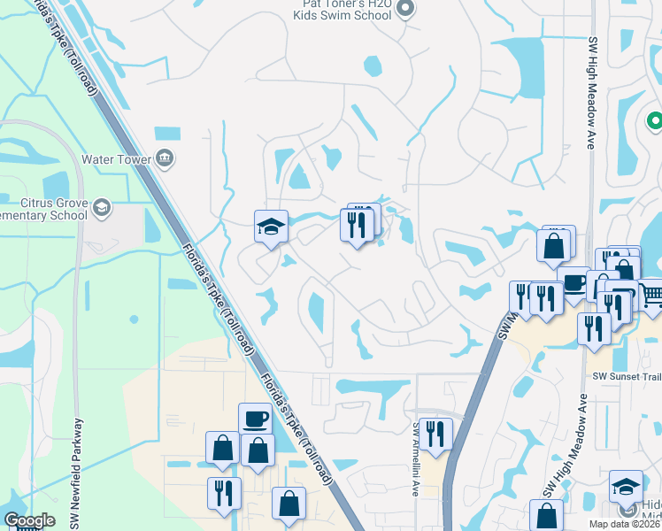 map of restaurants, bars, coffee shops, grocery stores, and more near 4104 Southwest Osprey Creek Way in Palm City