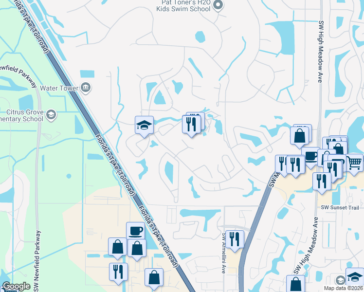 map of restaurants, bars, coffee shops, grocery stores, and more near 3991 Southwest Greenwood Way in Palm City