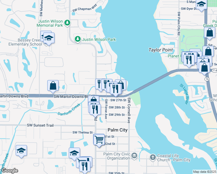 map of restaurants, bars, coffee shops, grocery stores, and more near 2557 Barbara Avenue in Palm City