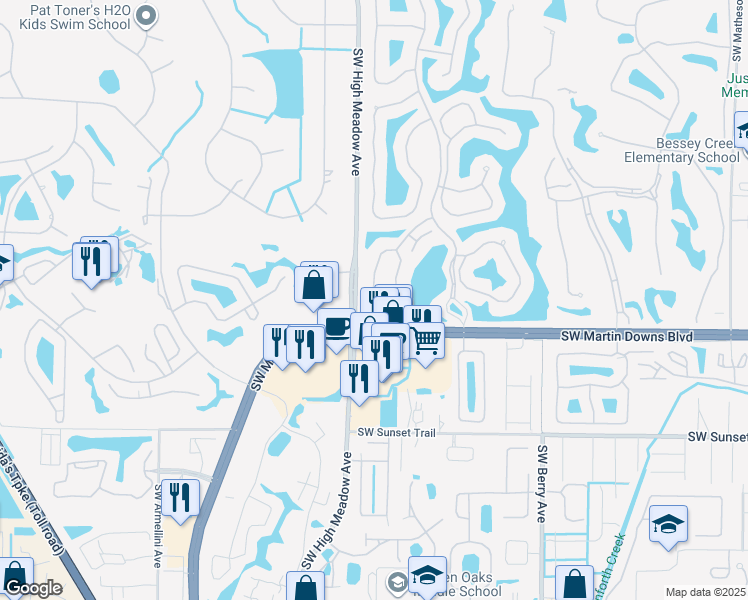 map of restaurants, bars, coffee shops, grocery stores, and more near 2913 Southwest Lakemont Place in Palm City