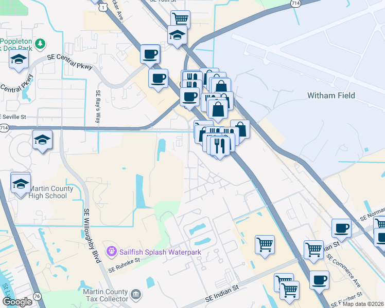 map of restaurants, bars, coffee shops, grocery stores, and more near 2124 Southeast Edler Drive in Stuart