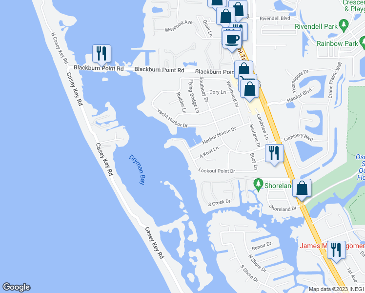 map of restaurants, bars, coffee shops, grocery stores, and more near 309 Lookout Point Drive in Osprey