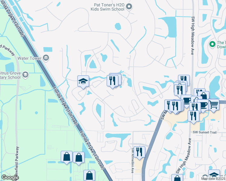 map of restaurants, bars, coffee shops, grocery stores, and more near 3801 Southwest Greenwood Way in Palm City