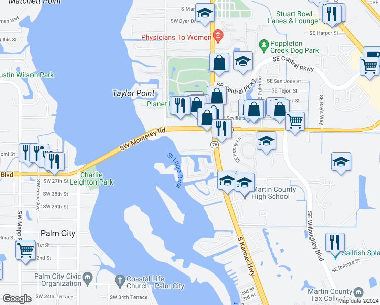 map of restaurants, bars, coffee shops, grocery stores, and more near 2600 South Kanner Highway in Stuart